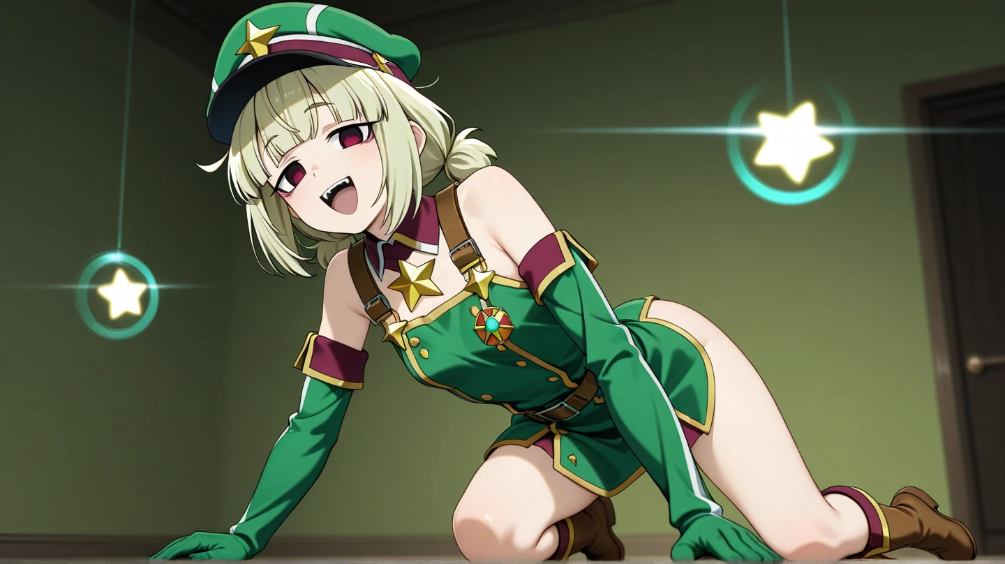 score_9, score_8_up, score_7_up, source_anime,
kiwiaraga, <lora:kiwi-araga-ponyxl-lora-nochekaiser:1>
kiwi araga, bangs, ahoge, mole, mole under eye, purple eyes, green hair, hair bun, double hair bun, smile,
thighhighs, long sleeves, hat, underwear, panties, boots, sleeves past wrists, military, black panties, garter straps, no pants, sleeves past fingers, green headwear,
indoors, bed, bed room, on side, blush, drunk,
looking at viewer, dutch angle, cowboy shot