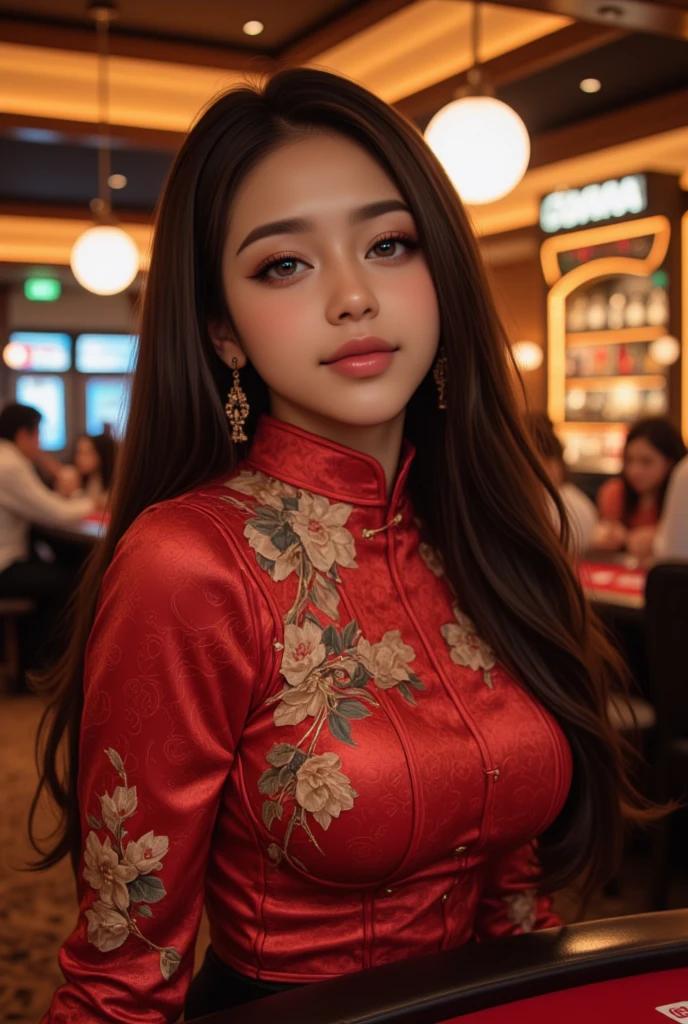 A beautiful woman in a tight-fitting cheongsam dress, surrounded by various accessories, in a crowded Chinese restaurant, (best quality,4k,8k,highres,masterpiece:1.2),ultra-detailed,(realistic,photorealistic,photo-realistic:1.37),detailed eyes,detailed lips,extremely detailed face,long eyelashes,intricate details,ornate accessories,opulent decor,warm lighting,vibrant colors,dramatic lighting,atmospheric,cinematic,award-winning photography