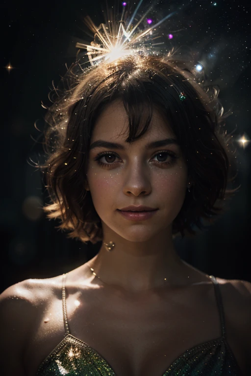 1girl, smile, iridescence, dramatic angle, space, (floating colorful sparkles:1.3), Dramatic Lighting, Chiaroscuro, Evocative Depth