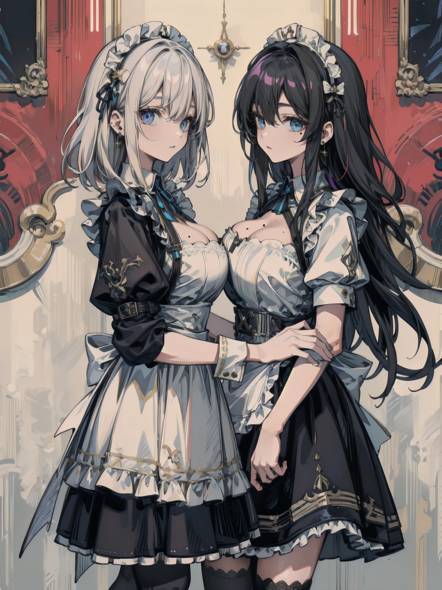Gray-white messy and short hair,Two strands of hair curtain,Dull hair,Slightly curly hair,Pink eyes,Long black off-the-shoulder sleeves,Black hairpin,expressiveless,Dumb cute,chiquita,