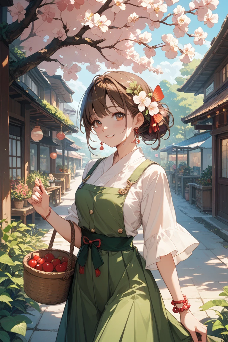 A fresh man in his 20s with brown hair under a cherry tree on a refreshing spring afternoon。