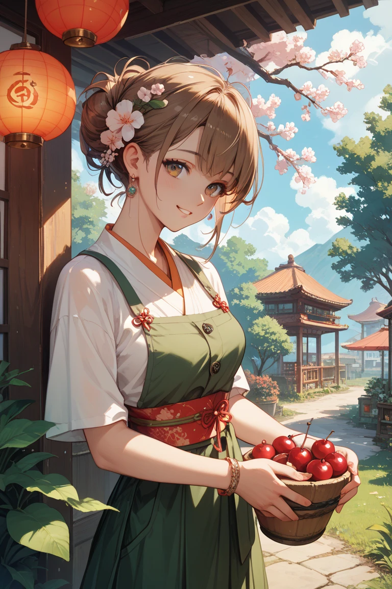 A fresh man in his 20s with brown hair under a cherry tree on a refreshing spring afternoon。
