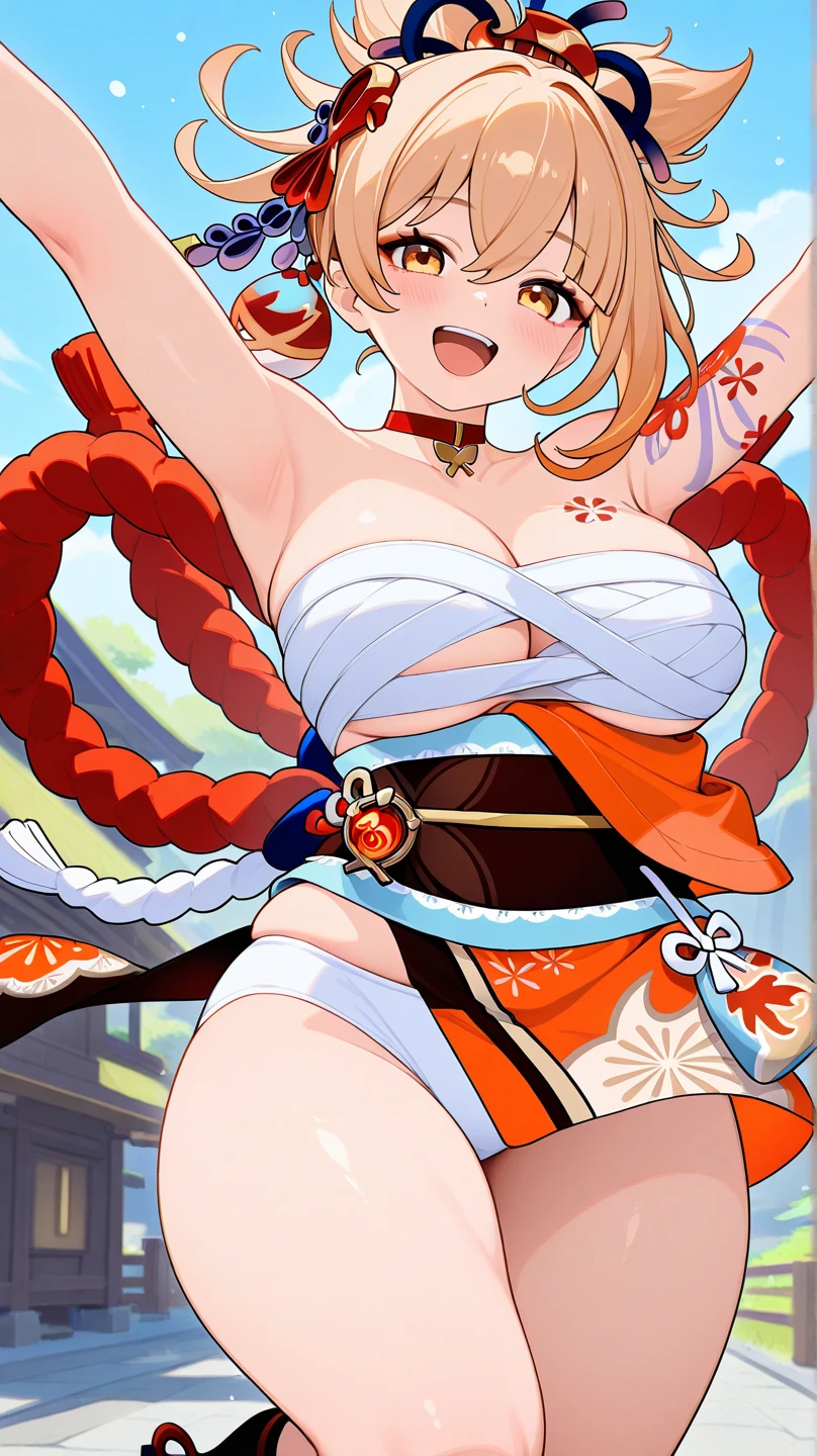 One girl, medium long hair, blonde, blue eyes, youthful appearance, slightly large breasts, (slightly large breasts: 1.4), cleavage, exposed shoulders, standing, collarbone, full body, ponytail, thighs, open lips, kimono, shiny, arms up, shiny hair, shiny skin, open bangs, obi, high ponytail, revealing clothing, rope, pelvic curtain, ninja