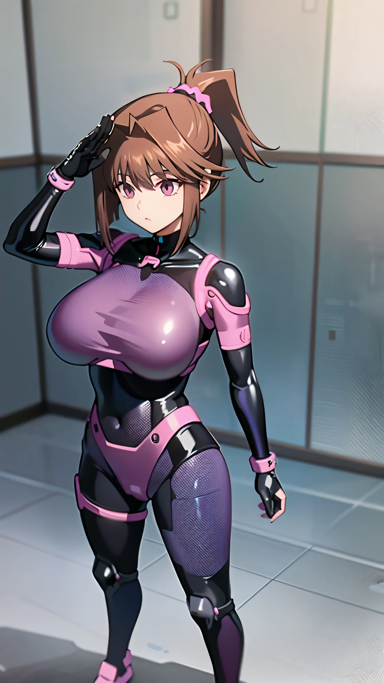 1 girl,NSFW,Helmet,(( brainwashing, visor)), wire, Kyoko Masaki,(Yu-Gi-Oh),AnzuDef,short hair, brown hair, hair ornament, high ponytail, ponytail,huge breasts, clavicle, Glowing purple eyes,absurd, brainwashing,empty eyes, ((No expression,erasure of emotions)), (black latex tight bodysuit),look away , 全身shape,((stand up, salute))(highest quality、4k、8K、High resolution、must have:1.2)、Super detailed、(reality、reality的なです、reality的な:1.37)、ticker、hyper hd、studio lighting、ultra definition paint、sharp focus、Physically based rendering、extreme details、Professional specifications、vibrancy and color、blurry、sports portrait、landscape、horror style、anime big breast、SF、photograph、concept artist、five fingers, perfect body, {{{masterpiece}}}, {{{highest quality}}}, {{Super detailed}}, {shape}, {{very delicate and beautiful}},Improved cost performance、all roles、Canon 5D MK4でphotograph、photograph,