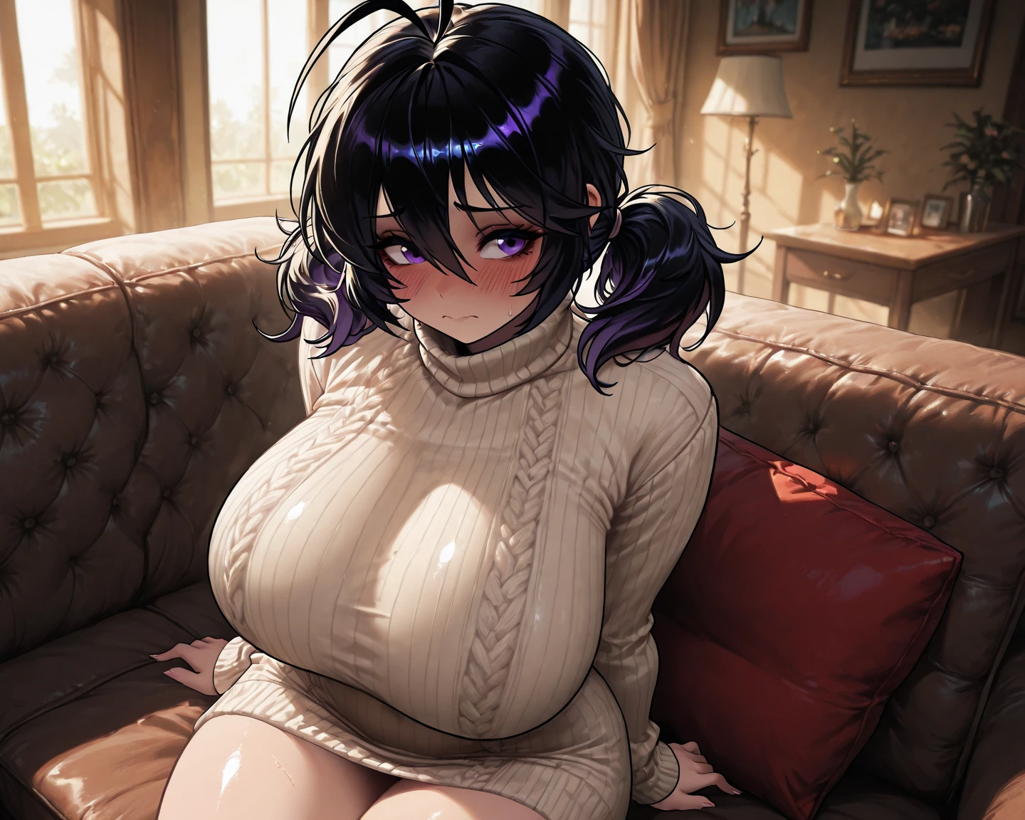 (masterpiece、Highest quality、Very detailed))、One Girl、Black Hair、short hair、Twin tails、Blunt bangs、Wavy Hair、Grey Eyes、((Open your mouth))、((??? on tongue))、((Very large breasts))、((White sweater))、Cleavage、Off the shoulder、Strapless、((Thick waist))、Thighs、Kneel、On the bed、Bedroom Background、(Sweating profusely、Drooling from the mouth)、Revealing clothing、White slime scattered