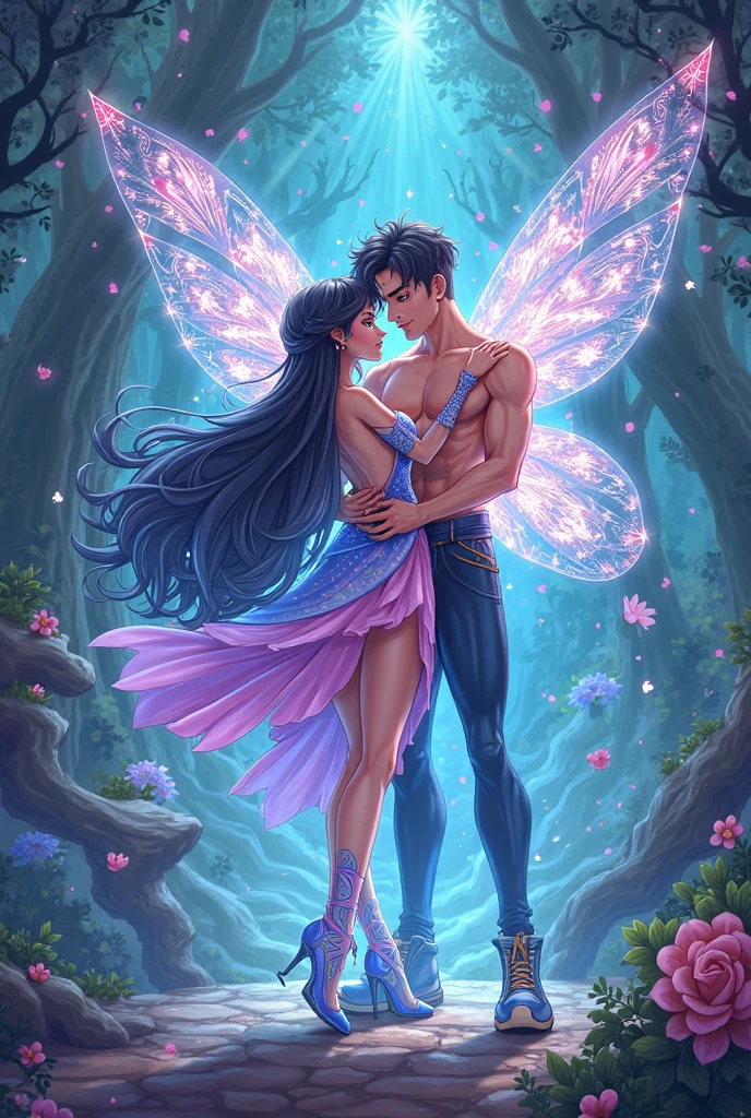 Korean purple hair butterfly woman with glitter wings with young white hair man shirtless dancing jazz on stage short outfit