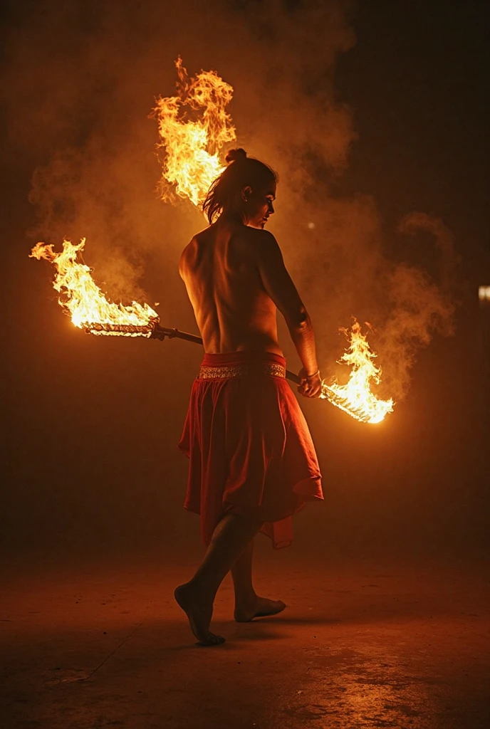 ((Immersive)), ((4K)), ((Captivating)), ((Magnificent)), ((Extraordinary)), ((Enchanting)), fantasy, (1man Fire Dancer:1.4), Flames, Graceful, raw photo, Untouched photo, RAW Image, Original photo, waning light, Weakening glow, Declining light, Fading illumination, Shallow depth of field, Zoom lens, Fast lens