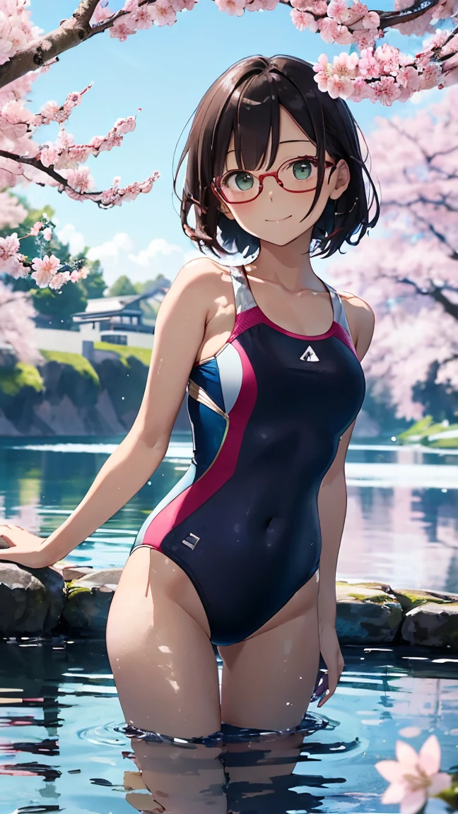highest quality、best image quality、beautiful eyes、very delicate and beautiful、beautiful eyes、pink eyes、I、I、11 year old girl、Japanese、、Chiquita、Noble、primary school student、black hair、barefoot、(judo)、(((The lower body is a pink leotard)))、(High leg)、tiara on head、dull smile、standing and facing forward、The background is a row of cherry blossom trees