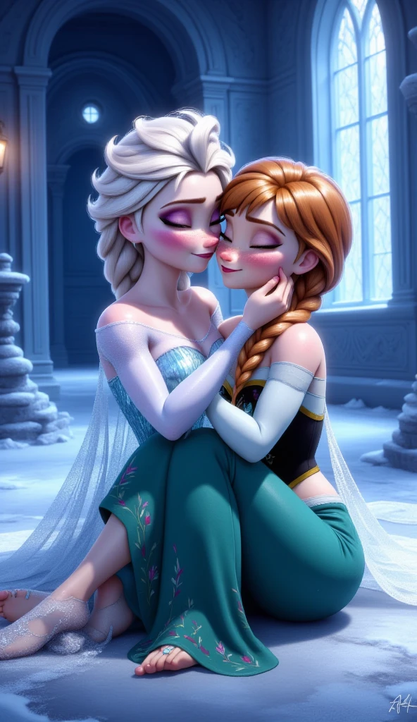 Elsa and Anna, two women, Elsa laying next to Anna, sisters, ear piercing, gothy, torn clothes, NSFW, kissing, laying in bed, snuggling, touching each other, long hair,