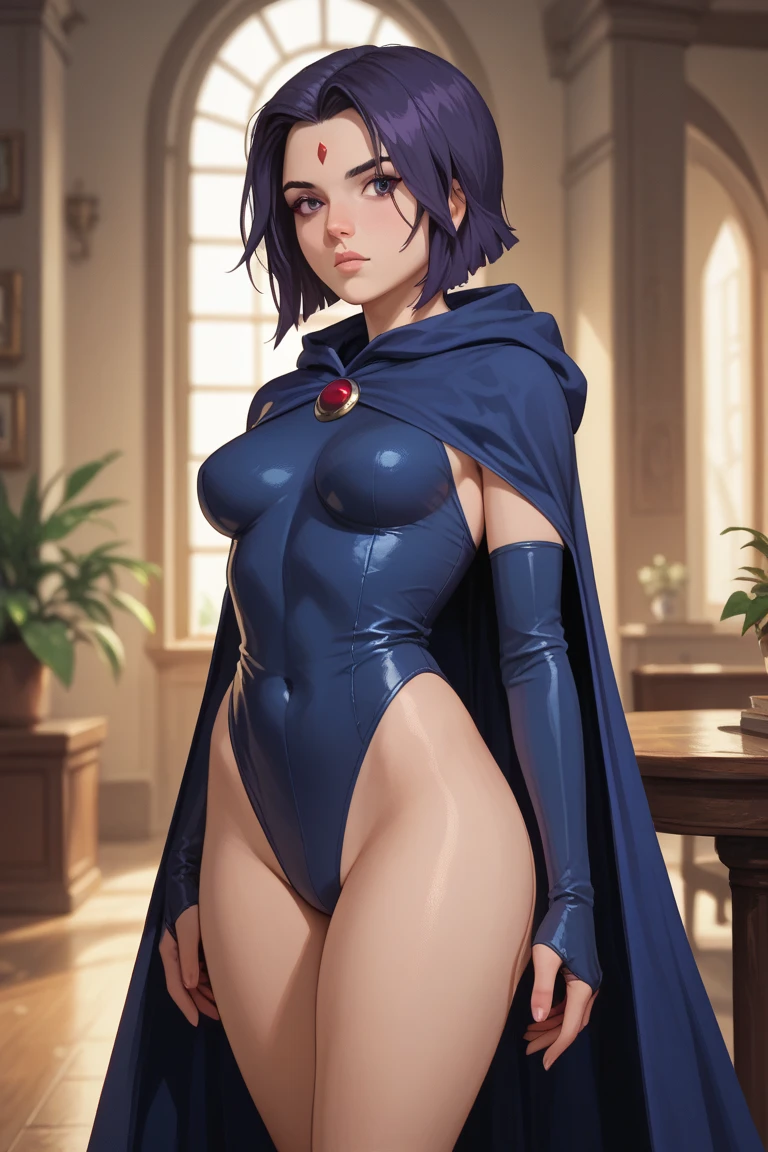 score_9, score_8_up, score_7_up, source_anime, raven, raven from teen titans, purple hair, grey skin, forehead jewel, large breasts, , nipples,,, erect nipples, , breasts,, , nude, , upper body, cape, belt, vibrator in pussy, embarrassed, thigh strap, pussy, nude,
