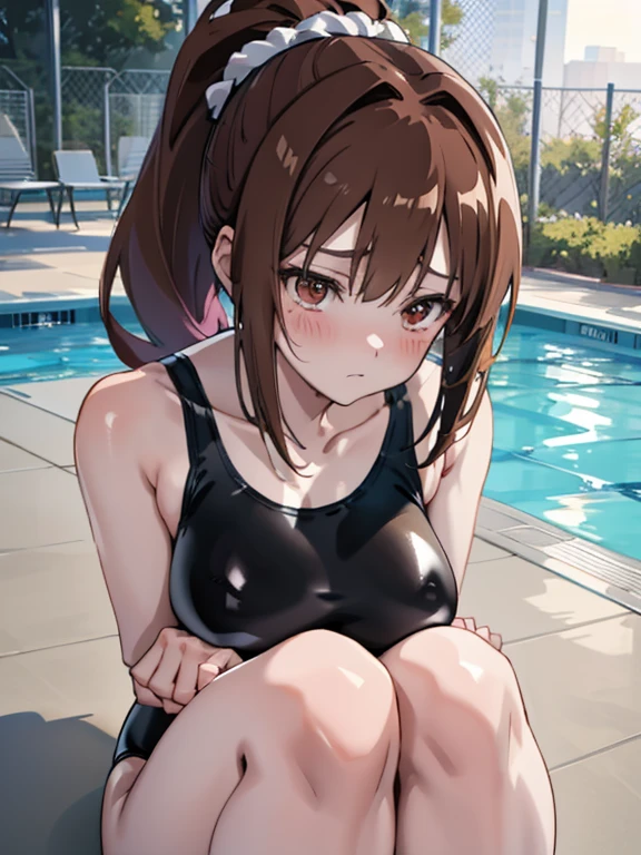 camel toe:1.4、(Sweat)、(vapor)、(((long gloves:1.3)))、brown loafers、black calf length socks、Open your thighs wide to the left and right、Squat on the ground、show off your crotch to the viewer, ((enamel bondage:1.3、squat, spread your legs:1.3, arm behind head ))、、absurd、Dark brown long ponytail hair、Big 、elevation angle、sexy pose、highest quality、Complex、surreal、perspective, very detailed, detailed background, shape、1 girl、alone、big breasts、light smile, embarrassing, blush, ((outdoor poolside)),