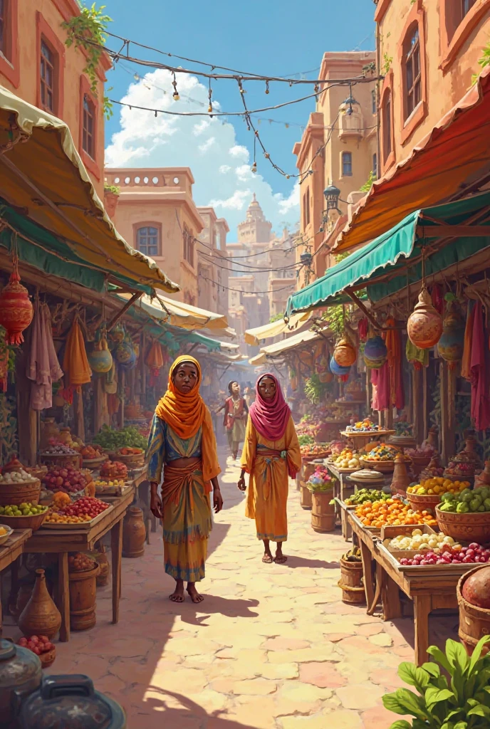 Scene of prosperous markets and smiling Raaya

