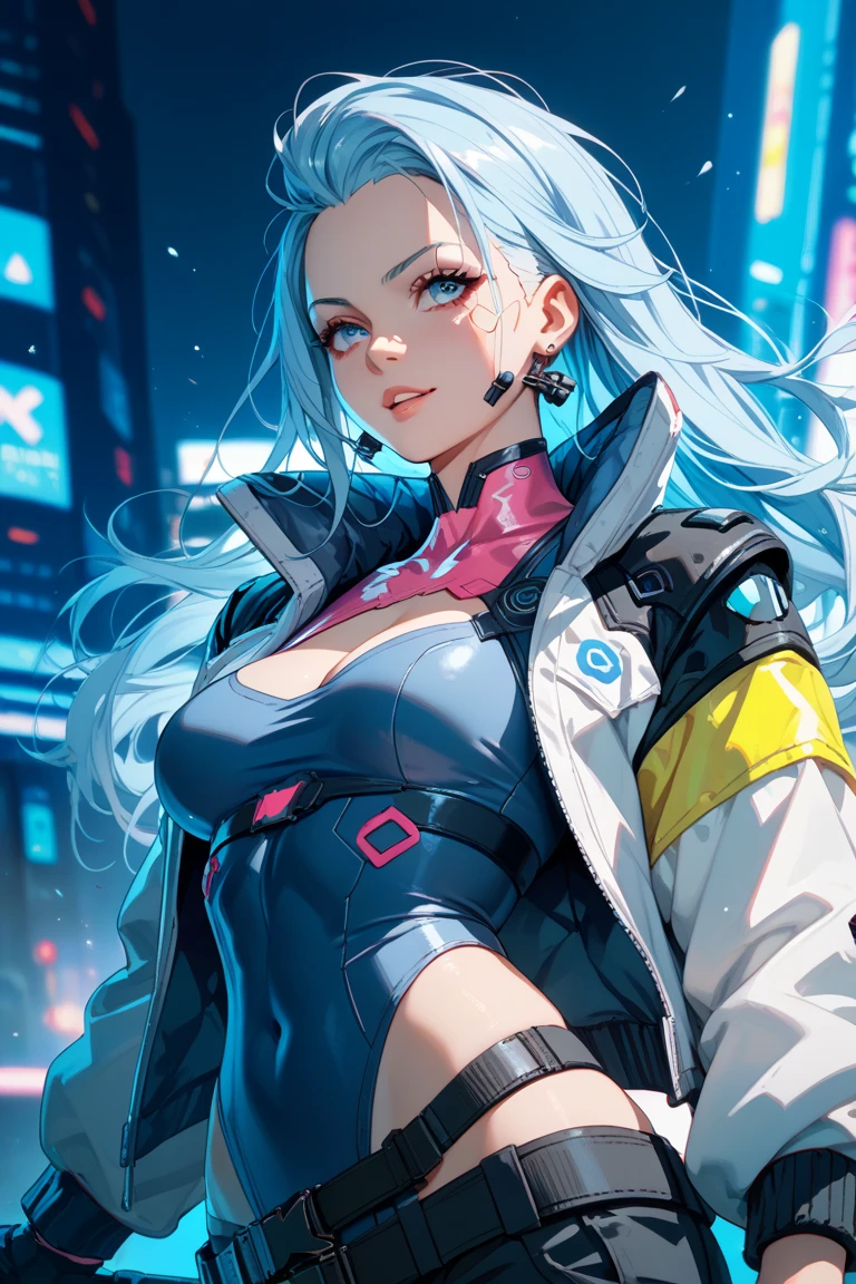 (((masterpiece, best quality, high resolution)))), Extremely detailed 8K, (Ultra HD, Ultra-detailed, Highly detailed, Highly realistic, Ultra-realistic, photograph realistic), (1girl:1.5), (solo:1.5) cute, (white hair:1.5), (pale skin:1.5) long wavy hair, blue eyes, smile, parted lips, (blush:1.3), laughs, open mouth, (medium breasts:1.2), see-though, mature woman, plump, dynamic pose, cute face, white bodysuit, cute face, zelda, sksw, (Cyberpunk city street background), open jacket, Cat ear headphones, multicolor LED lights, Harajuku-inspired pop outfit, abs, latex,
