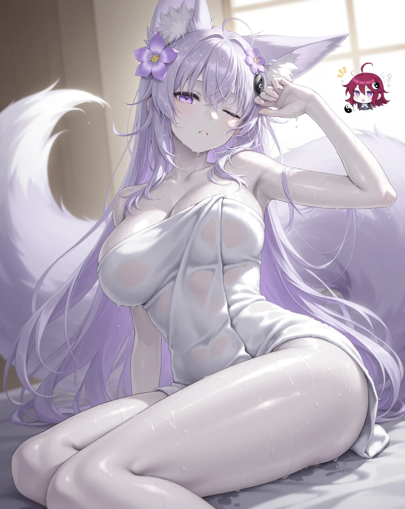 (fluffy anthro furry :1.6),rabbit girl,medium breasts,rabbit ears,rabbit tail,purple long hair,wavy hair,flower bathing,flower floating water,white light,naked,floral hair ornaments,wet body,wet hair,sparkle background,glistering stardust around girl,very hot,heavy breath,looking at viewer,shy face,smile,stand,hands at chest,show armpit