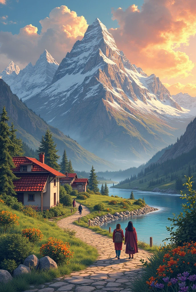 A small village by the river, color of the mountain in the background, colorful flower flowers, detailed landscape, beautiful natural scenery, atmospheric lighting, scorching sunset, warm colors, Practical, фотоPractical, detailed foliage, complex buildings, paved street, charming country house, swirl bright colors, lush vegetation, reflections on water, picturesque, idyllic, artwork, the best quality, 8k, very detailed, Anime-stylizationThis description of illustration, which visually represents the saying “Conversational group raises a mountain”:

Main plot:
The illustration depicts a group of people, that together “lift” a huge mountain. Mountain е символична – тя е масивна, rocky and seems impossible to move, but people work in agreement and lift it up.

 Details :
People:

Group of 4—6 people, depicted in different poses, that show strength and collaboration.
Each person holds part of the mountain (for example ruffles, levers or hands, that symbolically raise it).
Their expressions show determination, agreement and mutual support.
Mountain:

massive, with peaks, snow-covered, and steep rocks.
It looks impressive and insurmountable, but people manage to lift it nat.
Circumstance:

Grass and several flowers are depicted in the foreground, which symbolizes hope and success.
In the background there may be a sky with sun, that rises — symbol of a new beginning and victory.
 The symbolism :

The sparrows or levers, that people use, symbolize cooperation and joint effort.
Mountain е метафора за пречките, that can be overcome, when people work together.
Style и цветове:
Style: The illustration can be realistic or stylized, with an emphasis on emotions and symbolism.
Colors:
Mountain в сиво и бяло, to make it look massive.
People в ярки цветове ( red , blue , green ), to emphasize their activity and vitality.
Circumstanceта в топли цветове (green , yellow ), to create a sense of hope and success.
Added details (optional):