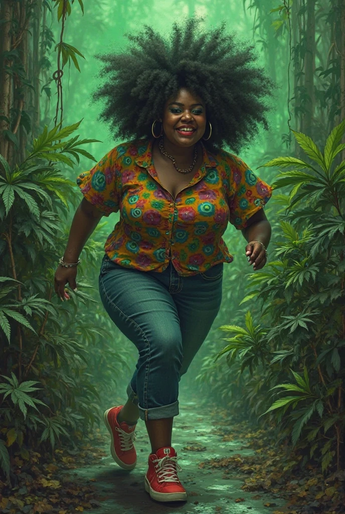 Aline (pele escura, cabelo afro, A little fat,  wearing a colorful blouse and jeans ) Try to run from the monster (made of green ????????? leaves, green with bright red eyes holding a giant cigarette), but you slip in a ????????? cigarette on the floor. It's night 