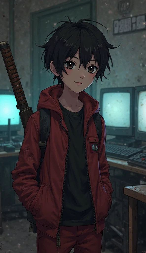 A young 18-year-old boy with short messy black hair and tired dark eyes. He wears a dark red tracksuit jacket, slightly faded, with a black t-shirt underneath. He carries a worn katana strapped on his back and a rusty shotgun slung on his shoulder. His face shows a fake smile — lips slightly curved, but his eyes are empty and sad. He stands in a dim, digital game room, with old computers and flickering lights around him. Moody atmosphere, soft shadows, anime style.