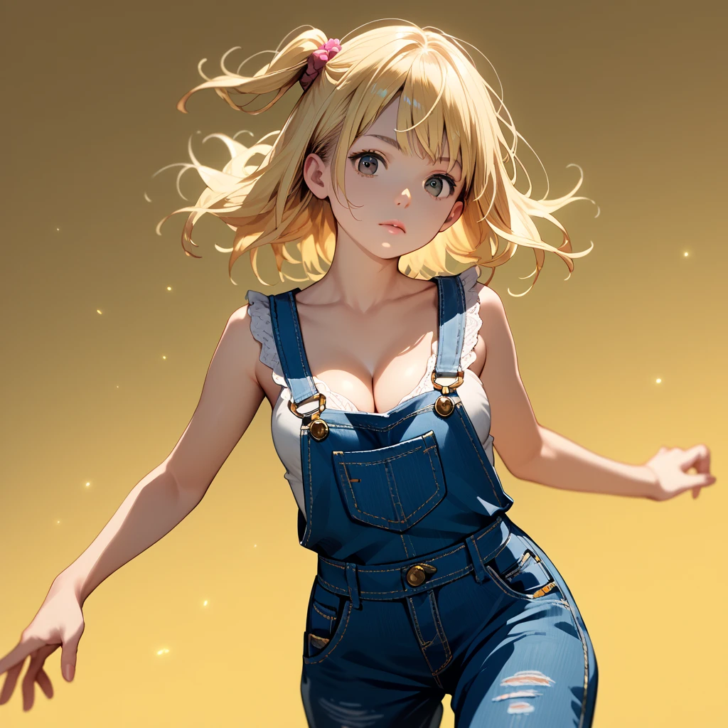 amazing quality, newest, absurdres, realistic lighting,
Cowboy shot, Dynamic angle,1girl, solo, 
Blonde Medium Hair, one side up, 
yellow bikini, overalls, cleavage,
Dynamic pose,
gold background,
anime style, detailed face,
