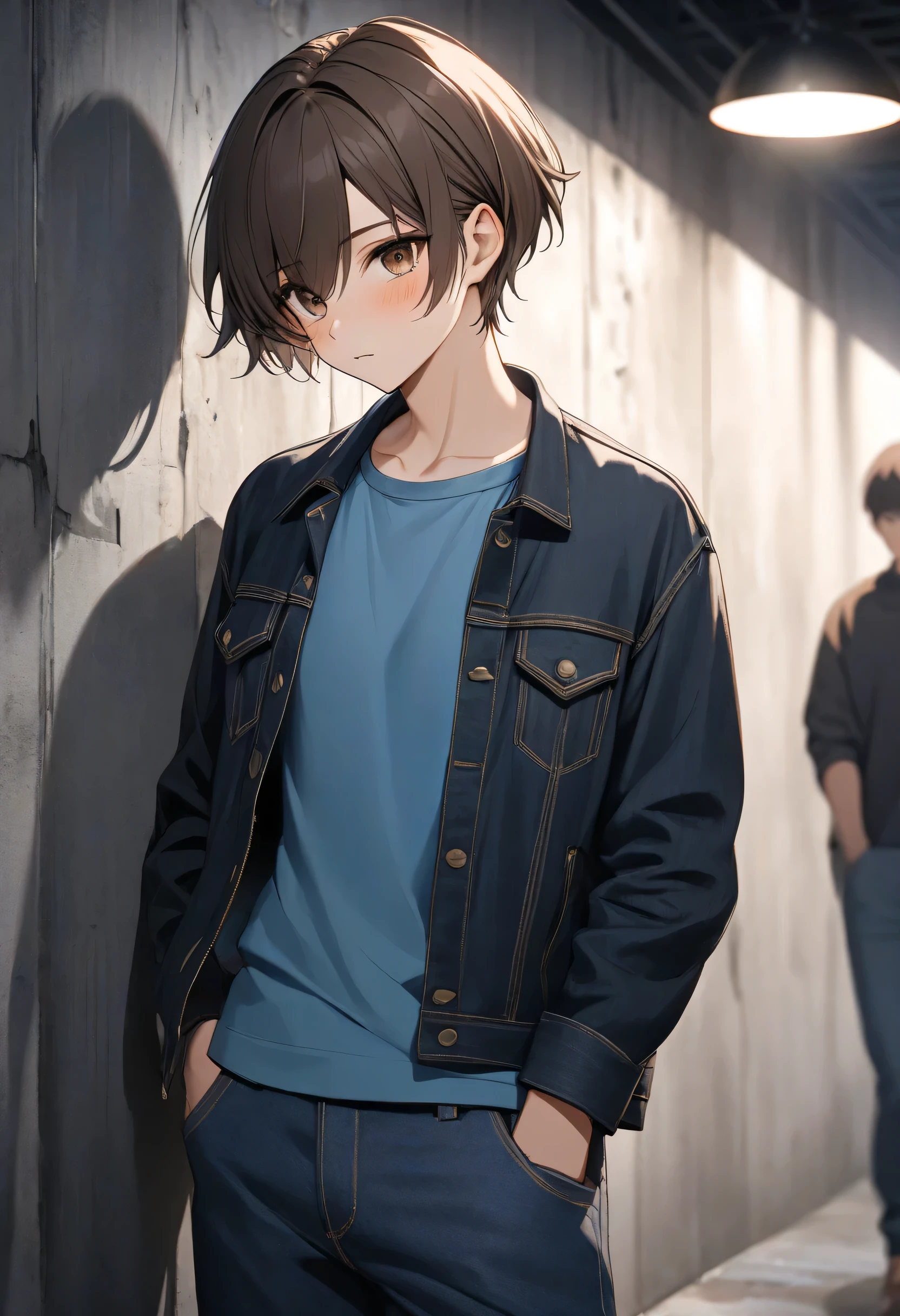 masterpiece, photos, high resolution jockstrap, UHD, perfect pixels, depth of field, 4k, RTX, hdr))), A boy, alone, half body, artistic style, anime character style hairstyle, ((serene look, short hair on the sides, dark brown, separated from the hair to the side)), ( brown eyes: 1.2,), (Cara detallada, blush: 1.1),standing, front facing forward, foreground neckline, ), Do you wear black denim jacket, round neck blue shirt, denim pants), ( in the background: people at a and an apparent concrete wall, It's nighttime since there's a