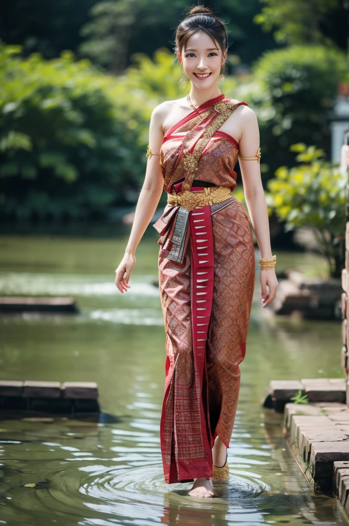 (raw photos:1.2), (realistic:1.4), (Masterpiece:1.3), (best quality:1.4), Ultra high resolution, (Detailed eyes), (Detailed facial features), (Detailed clothing features), HDR, 8K resolution, Focus only, Dressing according to Thai tradition, tied up, Traditional shawl , 1 woman , big breasts, A gigantic rift, big breastsดันเสื้อผ้า, big breast, Breasts are fully grown., Make your breasts bigger.., small waist, Long legs, Facing the audience, Full body, depth of field, Cinema-grade lighting system, big breasts, too big for your body, Holding an ancient Thai sword, battlefield