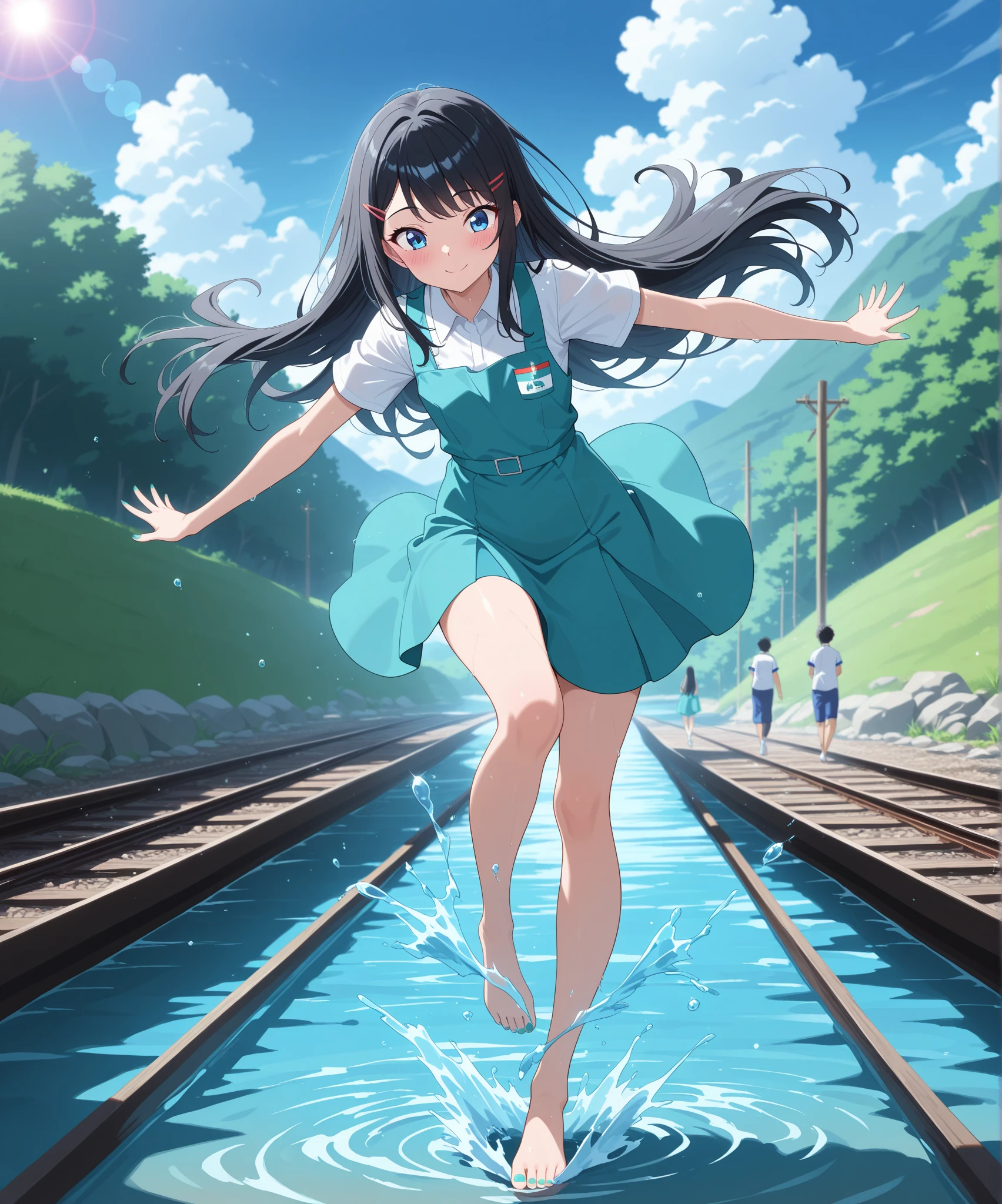 standing, single, hands on , body shape swimsuit, swimming pool
break
1 Girl, (Loli: 1.1),(Petite:1.1), swaying up and down,Braid,#FFC0CBの髪,Left hand raised,Lean forward,Angle from below,Manstrands visible,Serious expression,(Looking sideways:1.1),(Heterochromia, light blue eyes and light green eyes),:d,Star eye silhouette
break
#00FFFFの髪, (heterochromia, light blue eyes and light green eyes), silhouette eyes of stars, , tied hair, light smile,