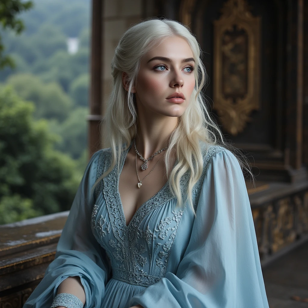 A medieval woman with platinum blonde hair and a sky blue dress is looking at something, daenerys, rhaenyra targaryen, shot from house of the dragon. daenerys targaryen, rhaenyra, ancient, targaryen, game of thrones

