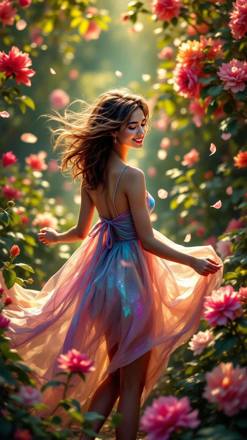 Beautiful girl with wavy long hair, long wedding dress is painted rainbow colors, short hight, big smile, big boob, long running through on walkways to me, background is realistic 