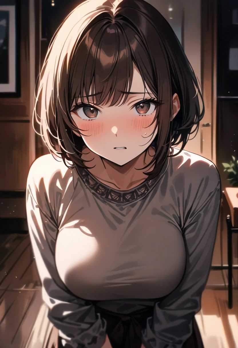 Top view angle、(((White short sleeve elegant blouse、Red long skirt、Clasp your hands in front of your waist))),(((Looking up at an apartment building、Anxious expression)))Mid-length bob cut hair:1.9. Very large breasts:1.6、(((1 Female:1.3))), (((Brown Hair:1.3. Wavy Hair:1.6. Bob Cut Hair:1.9 Round Eyes Beauty:1.3. Shapely breasts, brown eyes, side-swept bangs, red cheeks:1.3 Sweat:1.3)))、(((Top quality masterpiece high resolution perfect human body:1.3))),(((Sweat:1.3,cute:1.3)))