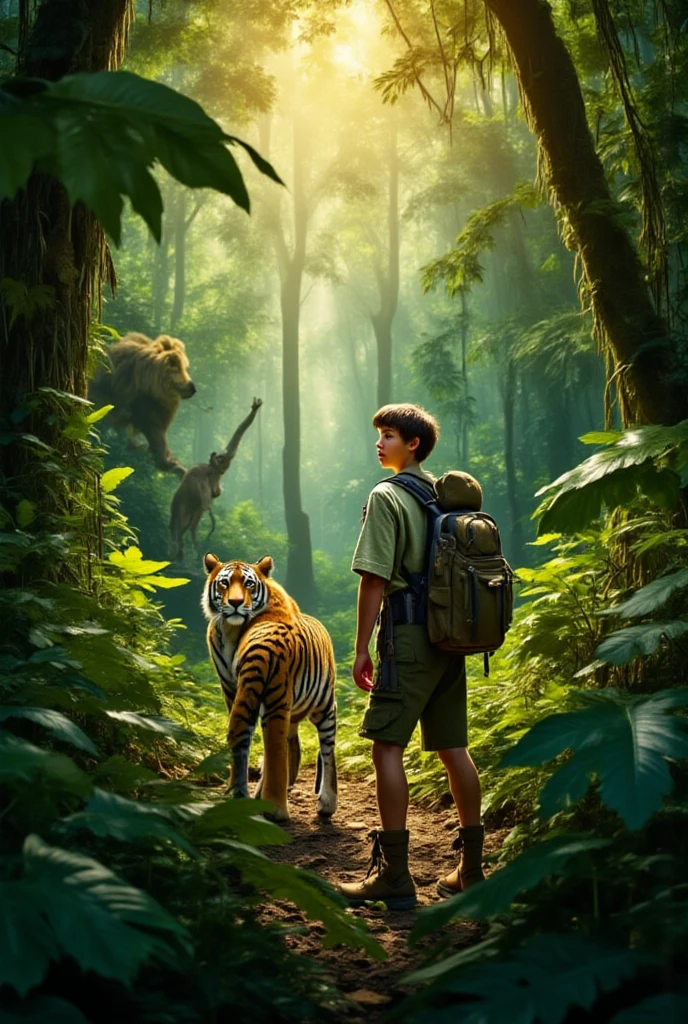 Two boys and a lion in the jungle.