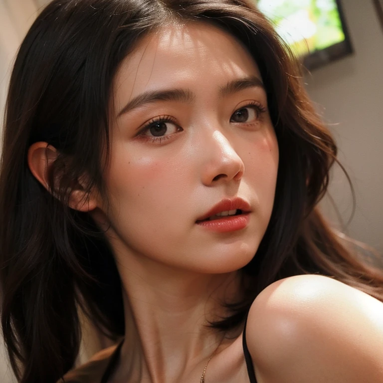 (masutepiece, Best Quality, awardwinning, Photorealistic, hight resolution, nffsw :1.4), Portrait, Sharp Focus, Upper body, 1 Beautiful European Woman, Cute models, skinny, slim figure, breasts, Realistic pale skin, Realistic detailed modeling faces, Beautiful eyes, natural make up、Small face、 Shortcut Hair、dark brown hair、, Glossy lips, eye liner, blush, Attractive, Stunning, ((Photorealistic, Realistic, Super realistic, Realism, realistic detail)), cropped t-shirt, Lying, on stomach, on a couch, Dynamic lighting, Volumetric lighting、fullnude、Light gray background