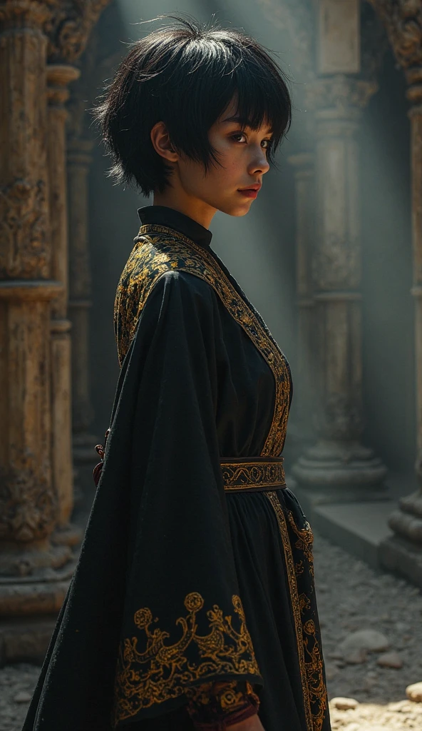 Ultrarealistic, photorealistic, Dramatic scene, shadow, Global Lighting, one, A 20 year old European girl, is the daughter of an immortal warrior and an ancient dragon spirit. Born through a forbidden ritual, she was raised in the Palace of Shadows. half-human, half dragon , her short black hair with pixie hairstyle. One eye glows in gold or red, when she gets angry, and her skin is perfect, like her father. She wears a dark silk robe with gold with dragon patterns, Long loose sleeves, leather belt with, and flexible boots. Sometimes she wears a shadow mask during quests.