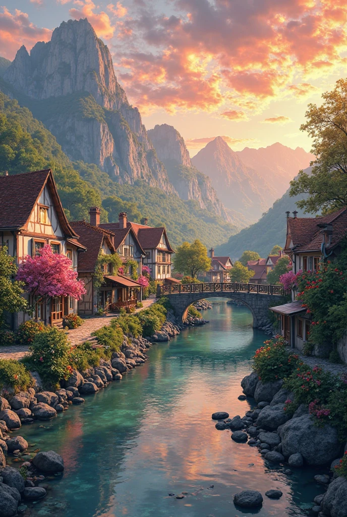 a small village by the river, mountains in the background, floral flowers colorful, detailed landscape, Beautiful natural landscapes, atmospheric lighting, scorching sunset, warm colours, practical, photopractical, Detailed Foliage, complex buildings, cobblestone street, Charming country house, swirly vibrant colors, lush vegetation, Still water reflections, Picturesque, idyllic, work of art, best qualityer, 8k, extremely detaild,anime styling