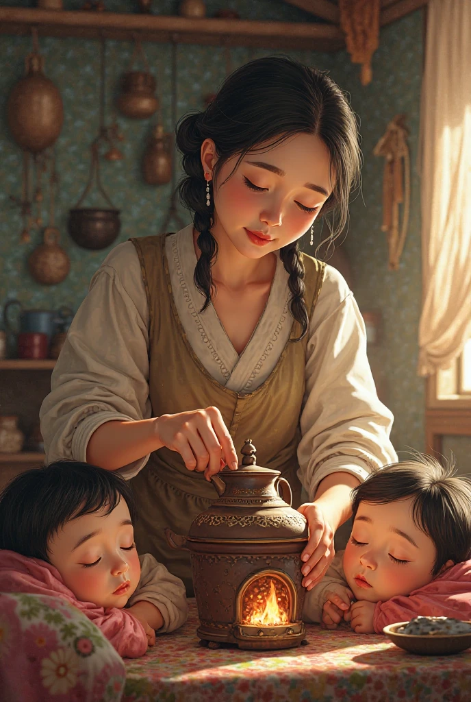His wife is preparing tea on a clay stove, while the ren are still sleeping.