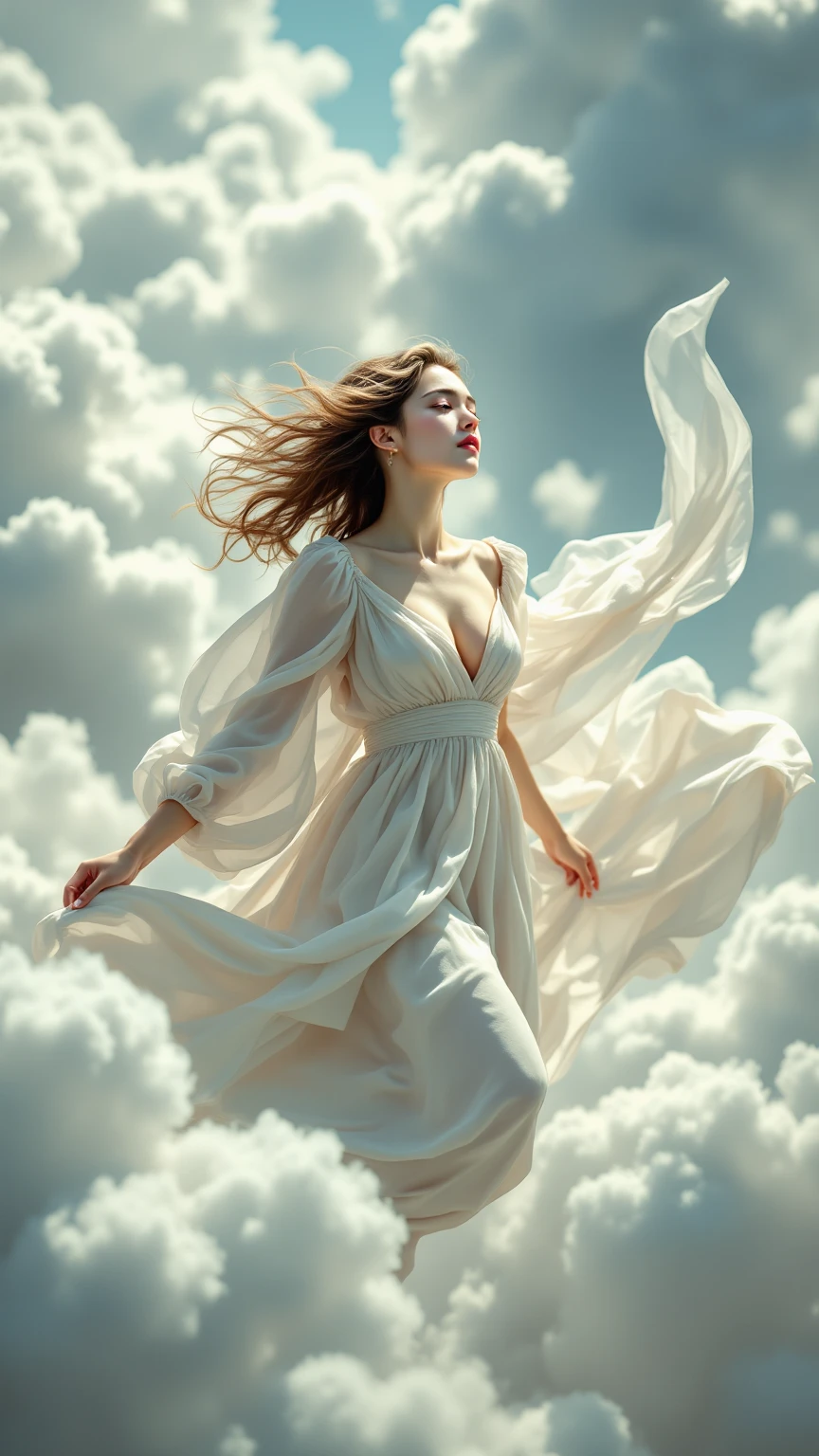 Woman flying with thick clouds as a cushion,Like wearing a beautiful dress and being blown away by speed in the wind,top quality,4K,high res,Masterpiece,extremely detailed,realistic,pictures,HDR,UHD,professional lighting,Extremely detailed painting,focused,Physically Based Rendering,extremely detailed 묘사,professional,Vibrant colors,Bokeh