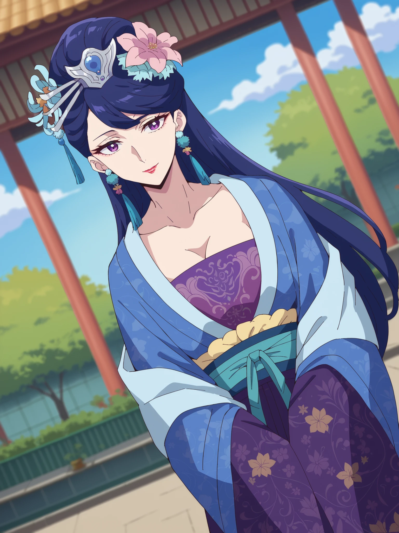 top quality, masterpiece,Pear Blossom,Every Single Person at the Drugstore,long hair, purple eyes, purple hair, flower, earrings, hair flower, makeover, lipstick,Chest, jewelry on kiss butt, Chinese clothing, Hanfu,Outdoors, garden, bend your waist, smile,Watching Viewers, Dutch Angle, cowboy shot