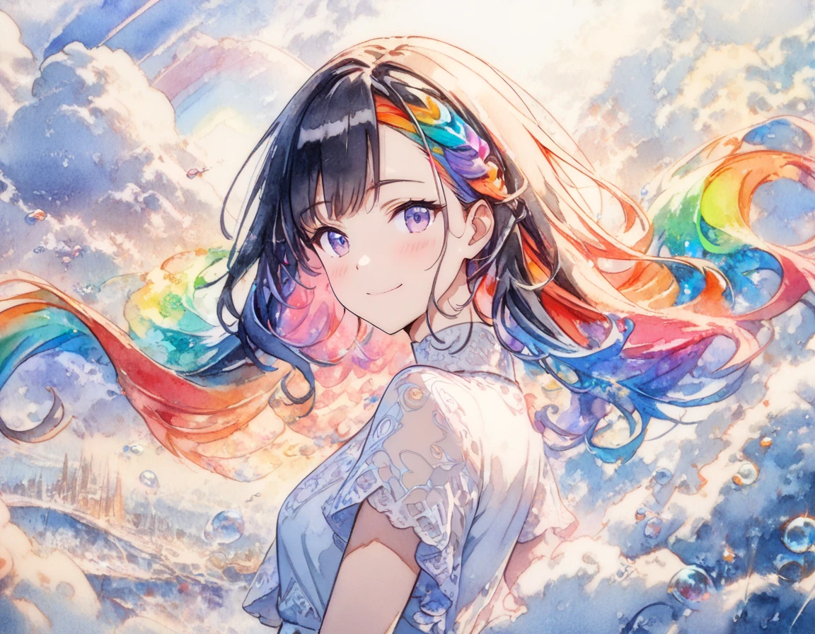 (masterpiece, top quality, top quality, watercolor (Moderate), Official Art, Beautiful and Sophisticated: 1.2), (1 girl: 1.3), (Fractal art: 1.3), , Good , smile,  clear, happiness, viewer,  pattern, Wave, ( rainbow hair, Rich and Colorful Hair: 1.2), null, gas, cloud, Rich and Colorful, soap bubbles