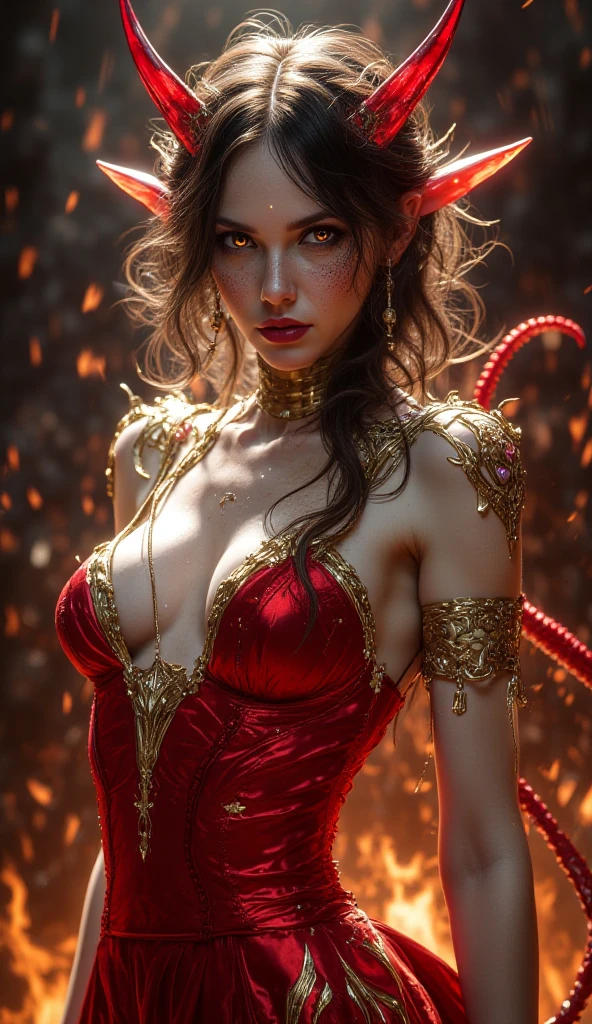 Expressiveh, g0th1c, zPDXL3, succubus, short, small, petite body, slender, slender legs, small perky breasts, aesthetic face, glowing eyes, amber eyes, round eyes, very small nose, big ears, small lips, small mouth, small head, freckles, human ears, round ears, short red horns, crystal horns, long red tail, thin tail, ashen skin, dedicated face, enthusiastic face, evil smile, beautiful, artistic brackground, background dominant colour is red, white and gold, fire, hot, inside fire, revealing red dress, gold silk dress, dress,