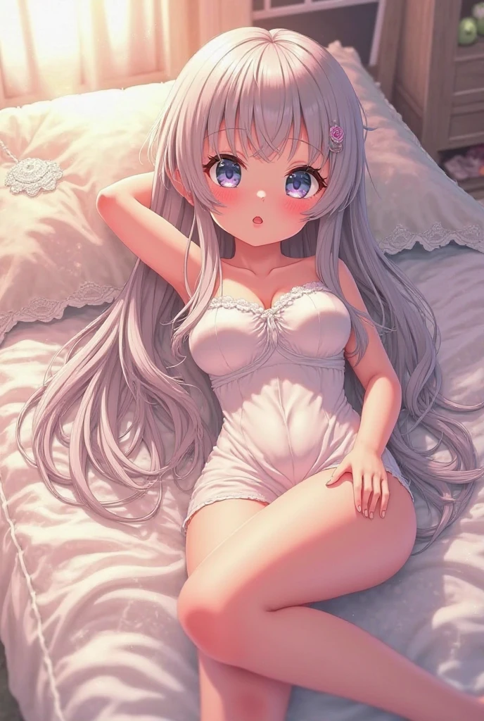 beautiful illustrations, highest quality, pretty girl, Bedroom, pastel colour, fluffy rabbit ears, two-separated lingerie, long silver hair, rabbit stuffed animal, bright lighting, Pale pink eyes
