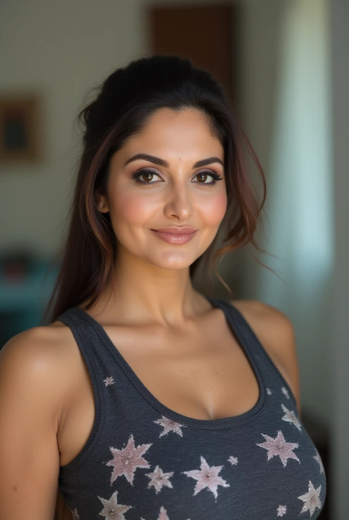 (best quality,highres,ultra-detailed,realistic:1.2), HDR, vivid colors,fabulous lighting,beautiful detailed eyes,beautiful detailed lips,extremely detailed eyes and face,longeyelashes,great contrast,portrait,beautiful skin,curly hair,black hair,colorful background,playful expression,sweet smile,red basketball t-shirt.