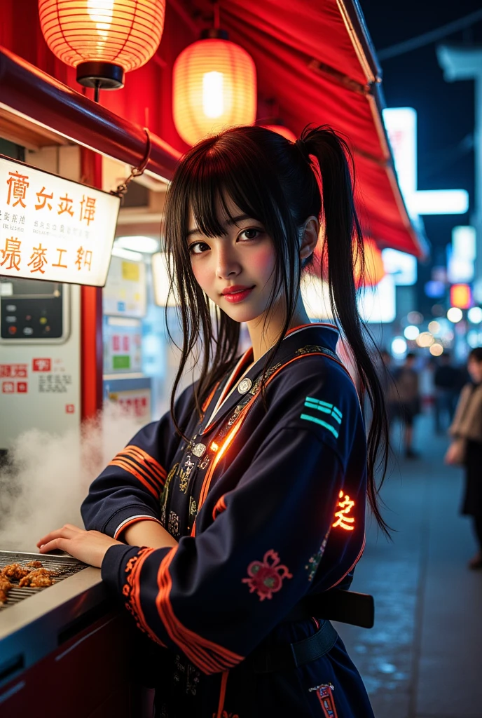 Medium shot from a slight side angle, capturing relaxed body posture and warm expression  
A Japanese girl in a modern cyberpunk kimono-style outfit, casually leaning against a glowing food stall in a narrow neon-lit street. She has sleek black twin tails adorned with digital ornaments, and wears a layered short kimono jacket with neon trim, utility straps, and metallic accents. Her arms are crossed on the edge of the stall, head tilted slightly as she smiles openly toward the viewer or a vendor. The glow of red paper lanterns and vending machines reflect softly on her face and clothes.  
Photorealistic digital art  
Ultra-high resolution, warm facial expression, soft shadowing around the jaw and eyes, glowing fabric edge details  
Inspired by Ghost in the Shell, Japanese cyberpunk cityscapes, and expressive anime-style candid scenes  
Background: traditional-style ramen or takoyaki stall with steam rising from the grill, handwritten menus lit by flickering bulbs, distant torii gate and overhead cables  
Main color theme: crimson red, deep indigo, warm lantern orange, soft neon blue highlights  
Lighting from red lanterns above, orange stall light from below, cool ambient glow from street signs behind  
Photorealistic, ultra detailed, cinematic sci-fi street candid, soft bokeh in background, HDR rendering, best image:1.5