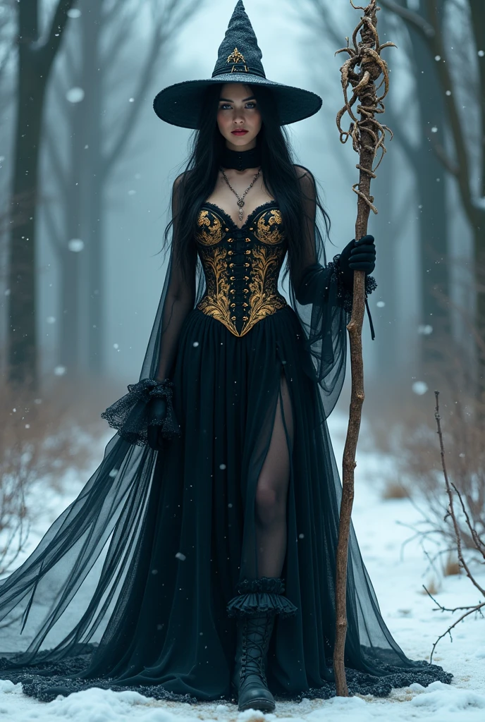 Witch, young woman, beautiful, big breasts, with a sword