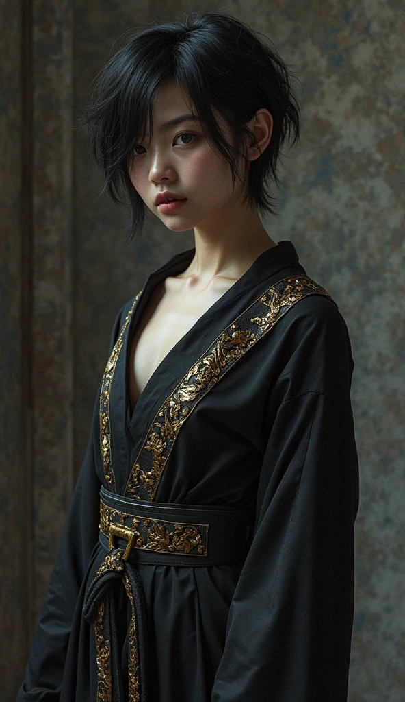 Ultrarealistic, photorealistic, Dramatic scene, shadow, Global Lighting, one, A 20 year old European girl, is the daughter of an immortal warrior and an ancient dragon spirit. Born through a forbidden ritual, she was raised in the Palace of Shadows. half-human, half dragon , her short black hair with pixie hairstyle. One eye glows in gold or red, when she gets angry, and her skin is perfect, like her father. She wears a dark silk robe with deep neckline, with gold with dragon patterns, Long loose sleeves, leather belt with, and flexible boots. Sometimes she wears a shadow mask during quests.