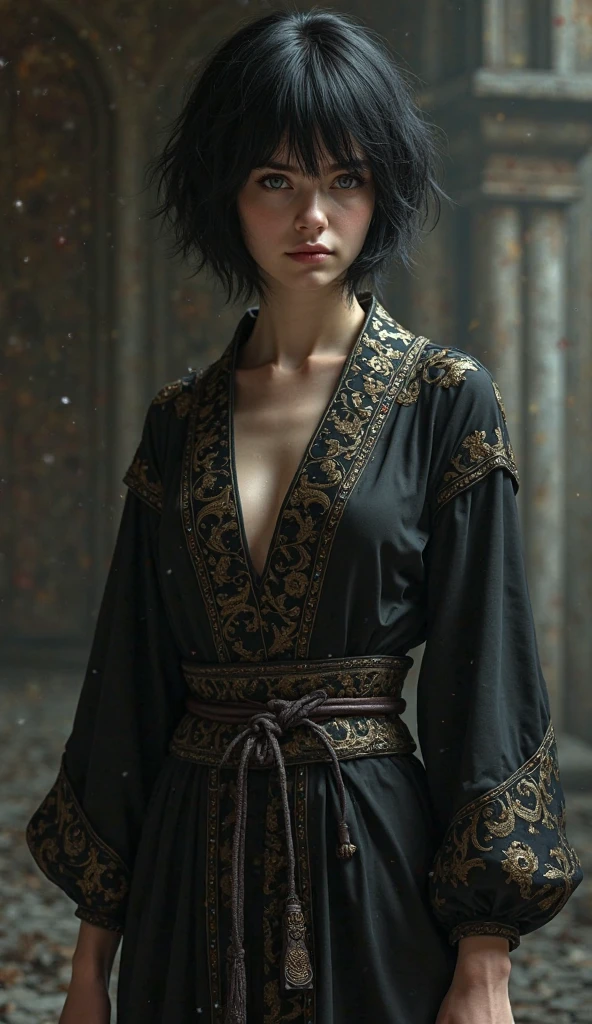 Ultrarealistic, photorealistic, Dramatic scene, shadow, Global Lighting, one, A 20 year old European girl, is the daughter of an immortal warrior and an ancient dragon spirit. Born through a forbidden ritual, she was raised in the Palace of Shadows. half-human, half dragon , her short black hair with pixie hairstyle. One eye glows in gold or red, when she gets angry, and her skin is perfect, like her father. She wears a dark silk robe with deep neckline, with gold with dragon patterns, Long loose sleeves, leather belt with, and flexible boots. Sometimes she wears a shadow mask during quests.