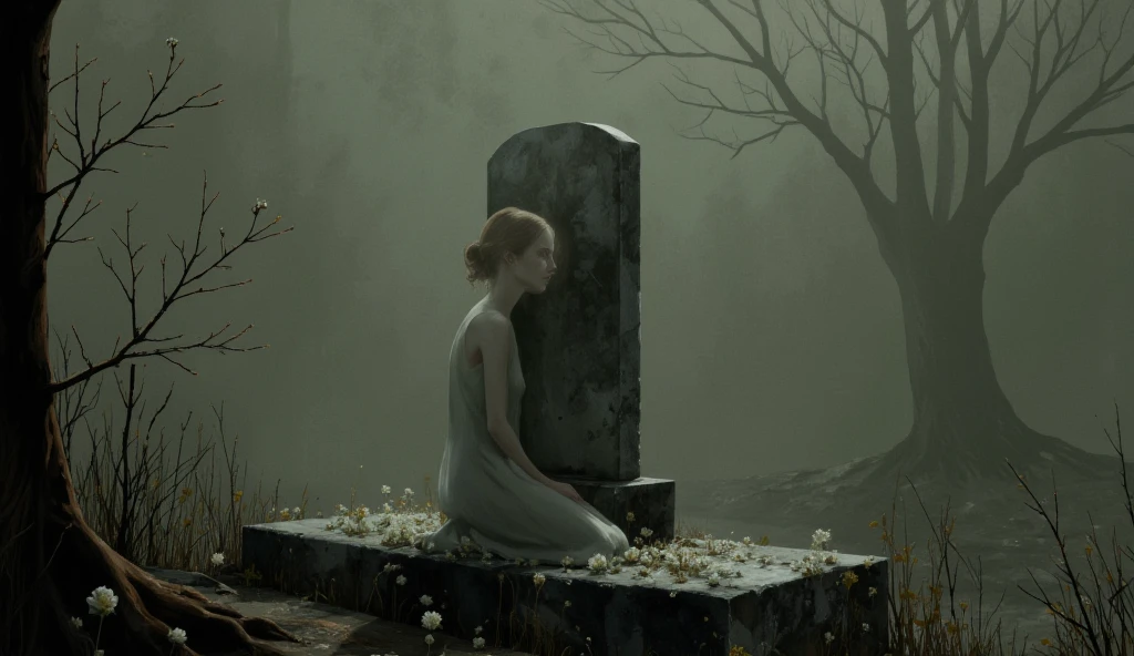 In a graveyard in front of a tombstone, a decomposing beautiful nude woman crawls out of a hole in the ground. A spectral being draped in flowing iridescent mists. The image, a stunning digital art piece, is bathed in a dreamlike haze of BLue and gold Dynamic Soft lighting. ,zombie bride