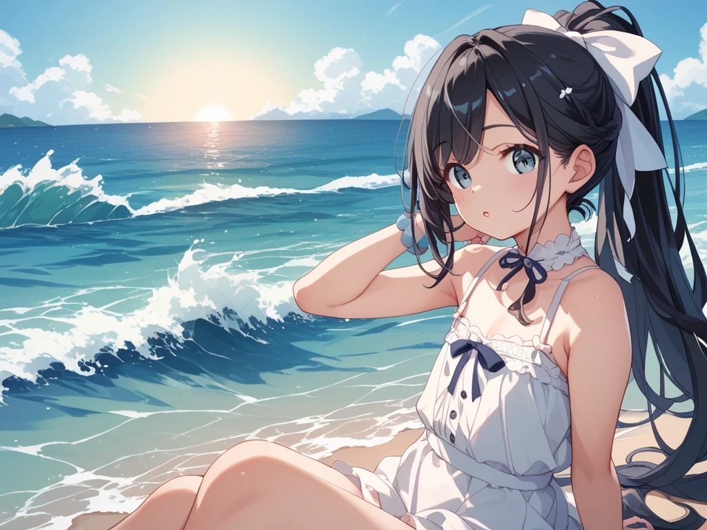 Man and woman couple wearing t-shirts having fun at the beach in summer,"Clear eyes"、"Sparkling Eyes"、"Detailed depiction of the iris"