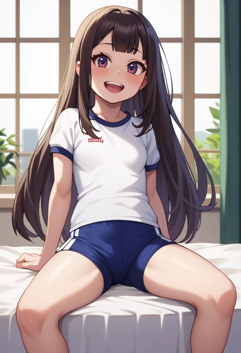 (masterpiece, Highest quality, detailed:1.3),(photograph:1.3), HD transparent background, Attention to detail,cute,One Girl, cute表情, smile,、Sparkling eyes,The audience is,(small),smile, Perfect Face,cute,Full body portrait,Hair tied up, Redhead, Long Hair, ponytail, Brown eyes, Hair Ribbon,((school bag)),Bloomers,((赤いBloomers)),((Gym suit))