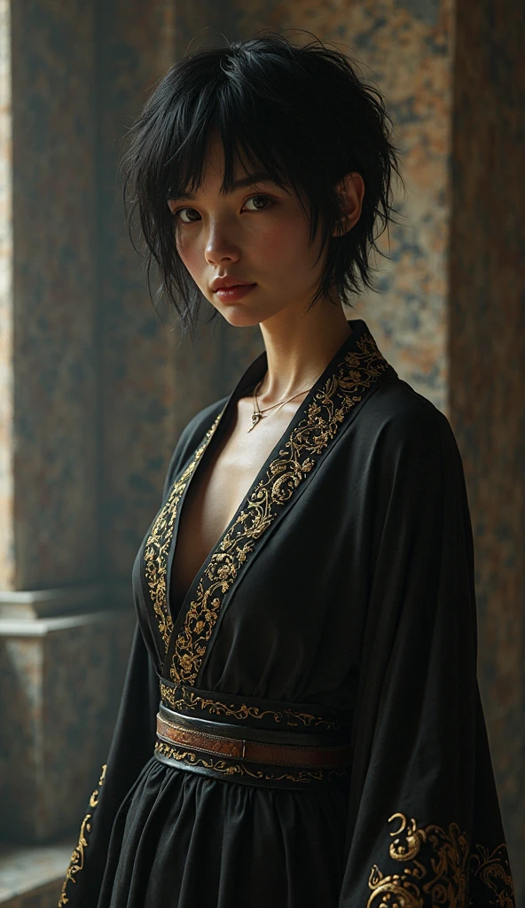 Ultrarealistic, photorealistic, Dramatic scene, shadow, Global Lighting, one, A 20 year old European girl, is the daughter of an immortal warrior and an ancient dragon spirit. Born through a forbidden ritual, she was raised in the Palace of Shadows. half-human, half dragon , her short black hair with pixie hairstyle. One eye glows in gold or red, when she gets angry, and her skin is perfect, like her father. She wears a dark silk robe with deep neckline, with gold with dragon patterns, Long loose sleeves, leather belt with, and flexible boots. Sometimes she wears a shadow mask during quests.