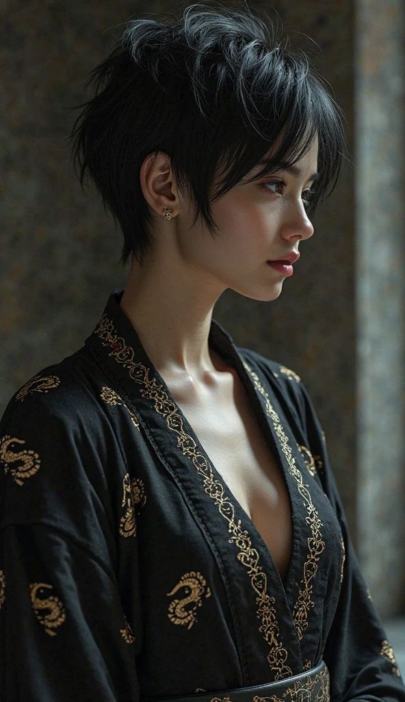 Ultrarealistic, photorealistic, Dramatic scene, shadow, Global Lighting, one, A 20 year old European girl, is the daughter of an immortal warrior and an ancient dragon spirit. Born through a forbidden ritual, she was raised in the Palace of Shadows. half-human, half dragon , her short black hair with pixie hairstyle. One eye glows in gold or red, when she gets angry, and her skin is perfect, like her father. She wears a dark silk robe with deep neckline, with gold with dragon patterns, Long loose sleeves, leather belt with, and flexible boots. Sometimes she wears a shadow mask during quests.