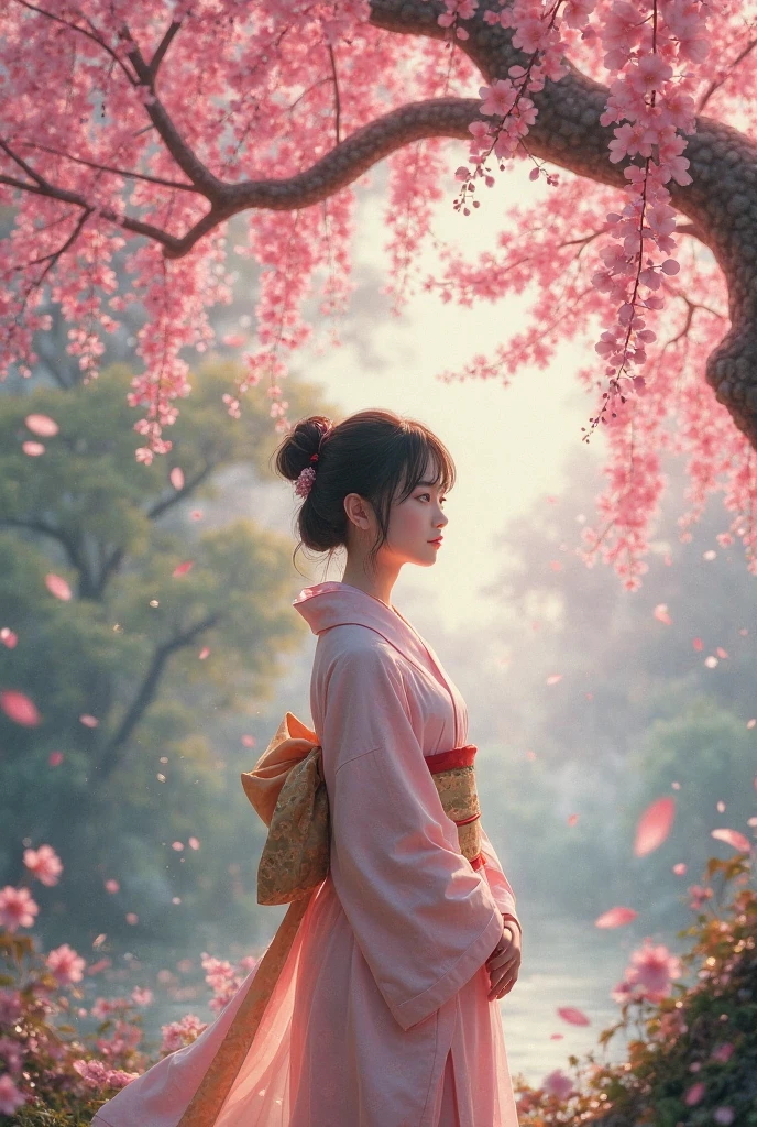 A woman under a Japanese cherry tree 