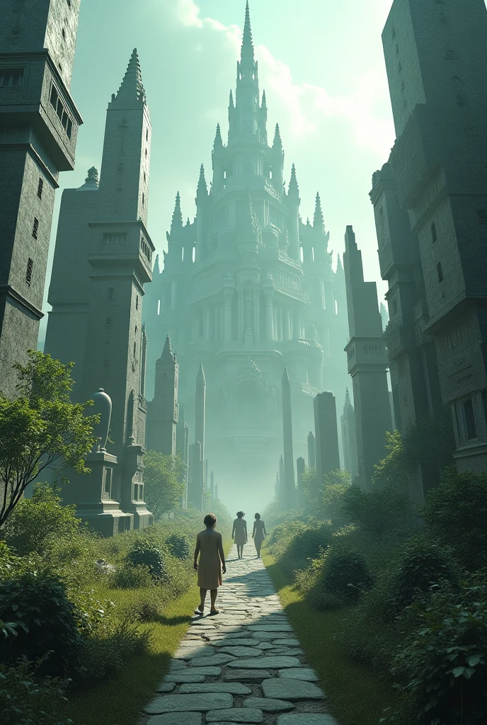 Cemetery of deities of all known types and some people with a blurry face walking around the place 